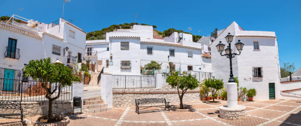 White streets of Mijas Pueblo. Andalusia, Spain Panoramic view to the white washed village of Mijas Pueblo. Costa del Sol, Andalusia, Spain mijas pueblo stock pictures, royalty-free photos & images