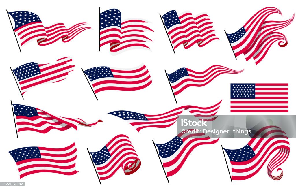 Amerika Birleşik Devletleri bayrakları sallayarak toplama. Dalgalı Amerikan Bayrakları İllüstrasyon. Ulusal sembol, beyaz arka planda Amerikan bayrakları - vektör illüstrasyon - Royalty-free Amerikan bayrağı Vector Art