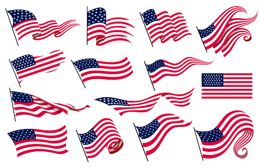 Collection waving flags of the United States of America. Illustration of wavy American Flags. National symbol, American flags on white background - vector illustration.
