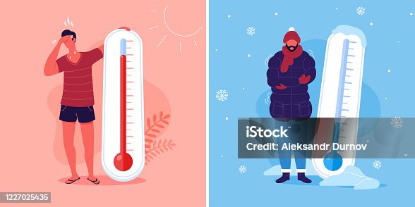 istock Meteorology thermometers. Heat and cold weather vector illustration. Cartoon characters in summer and winter season. 1227025435