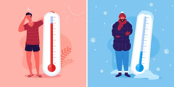 Vector illustration of Meteorology thermometers. Heat and cold weather vector illustration. Cartoon characters in summer and winter season.