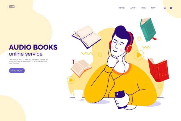 ilustrações de stock, clip art, desenhos animados e ícones de audiobook service web page concept. character in headphones listens to audio books from a smartphone. internet library. learning foreign languages. online education. vector illustration in flat style. - ouvir musica