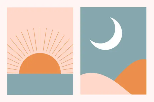 Vector illustration of Abstract contemporary aesthetic background landscape set with Sun, Moon, sea, mountains. Earth tones, pastel colors. Boho wall decor. Mid century modern minimalist art print. Flat abstract design.