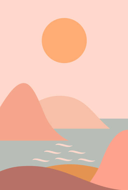 Abstract contemporary aesthetic background with seascape, mountains, Sun, sea. Earth tones, terracotta pastel colors. Boho wall decor. Mid century modern minimalist art print. Organic shapes. Vector illustration poster illustrations stock illustrations