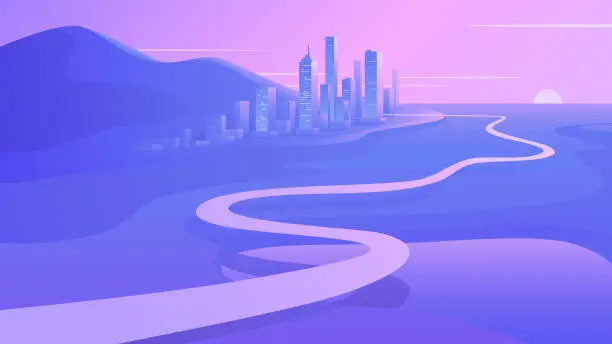 Vector illustration of Way to the Downtown at Sunset. Contemporary Futuristic Landscape. Road Trip & Journey Route Wallpaper. Modern Artistic Cityscape Panoramic View. Flat Vector Illustration. Eps 10