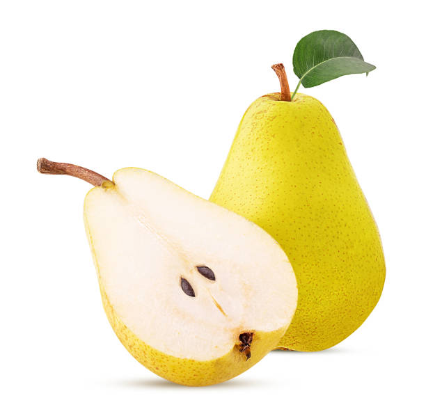 istock Fresh yellow pears with green leaf, one cut in half 1227027811