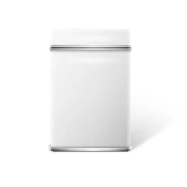 Vector illustration of Vector object. White square tin packaging. Tea, coffee, dry products.