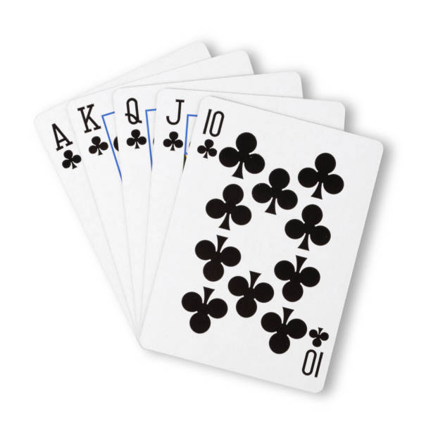 クラブロイヤルフラッシュ白い勝利の手のビジネスコンセプトにフラット - poker cards royal flush leisure games ストックフォトと画像