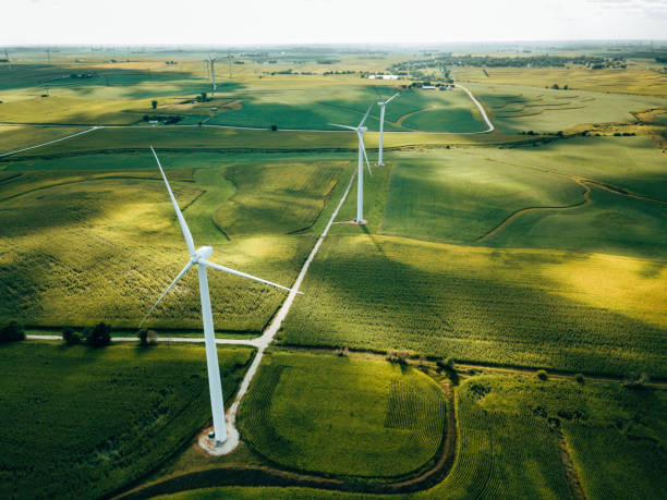 wind turbine farm aerial view - scenics landscape windmill sunrise imagens e fotografias de stock