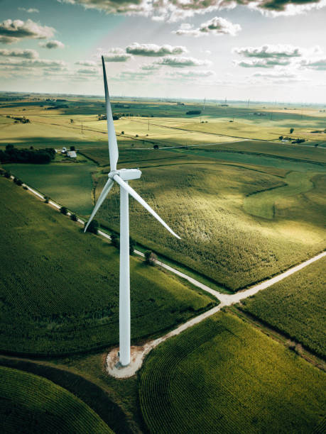 wind turbine farm aerial view - scenics landscape windmill sunrise imagens e fotografias de stock