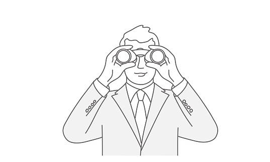 Businessman with binoculars. Line drawing vector illustration.