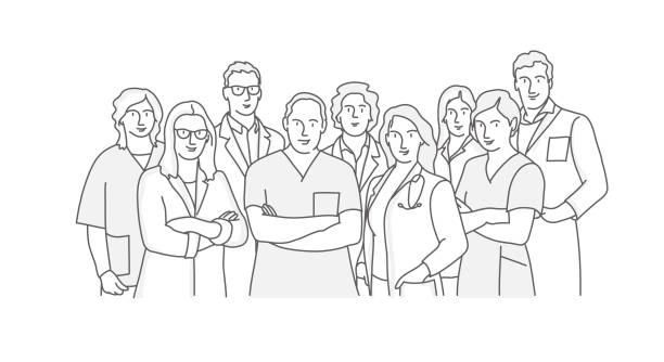 Group of medics. Medical team doctor nurse therapist surgeon professional hospital workers, group of medics. Line drawing vector illustration. hospital drawings stock illustrations