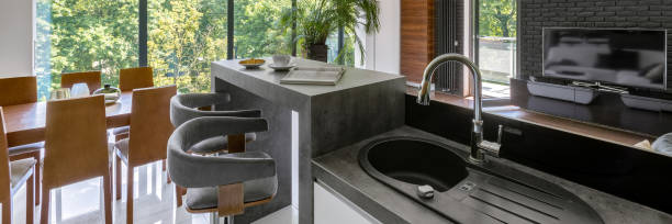 istock Kitchen open to living room, panorama 1227031619