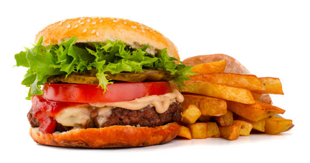 istock Hamburger with french fries on white 1227032697