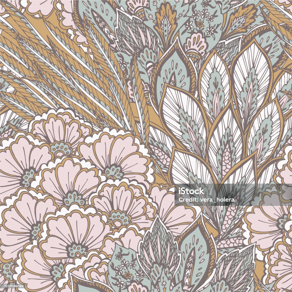 Eastern Pattern With Flowers Feathers And Leaves Stock Illustration ...
