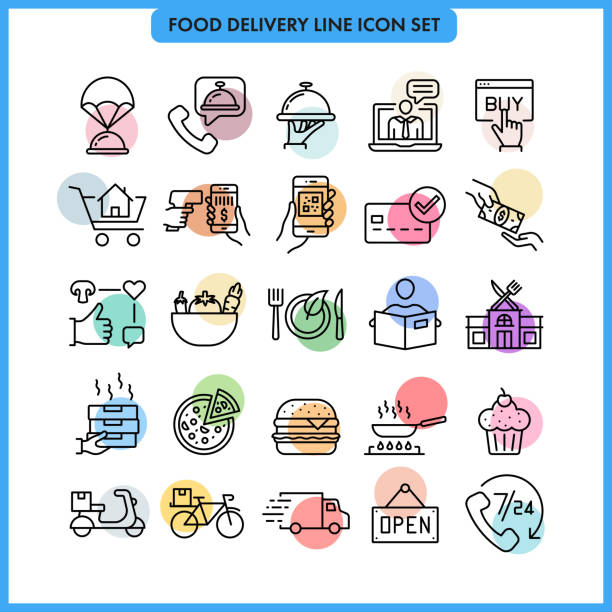 ilustrações de stock, clip art, desenhos animados e ícones de online food line icons. - bar code illustrations