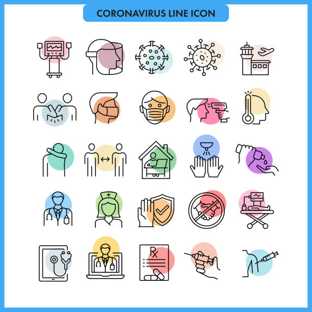illustrazioni stock, clip art, cartoni animati e icone di tendenza di set di icone della linea coronavirus covid-19. - sicurezza sul posto di lavoro illustrazioni