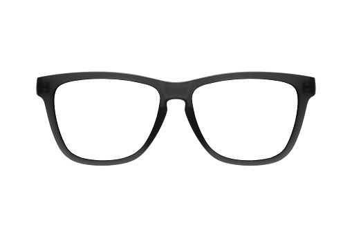 Close up of generic, mass produced black glasses on a white background with shadows.