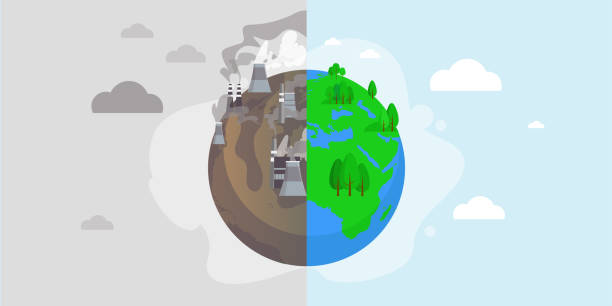 ilustrações de stock, clip art, desenhos animados e ícones de green eco planet and environment pollution vector illustration for save nature protection concept - poluição