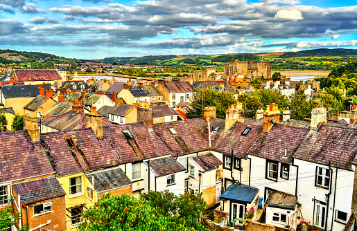 Aerial view of Conwy town in Wales, UK