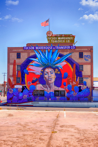 Famous giant mural on the side of the Tucson Warehouse & Transfer Co building in the arts district of Tucson AZ