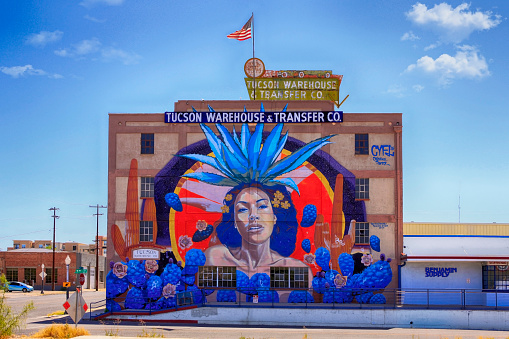 Famous giant mural on the side of the Tucson Warehouse & Transfer Co building in the arts district of Tucson AZ
