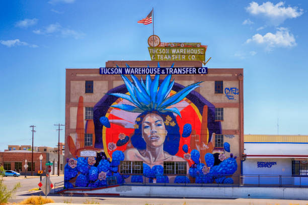 famoso mural gigante ao lado do edifício tucson warehouse & transfer co no distrito de artes de tucson az - tucson - fotografias e filmes do acervo