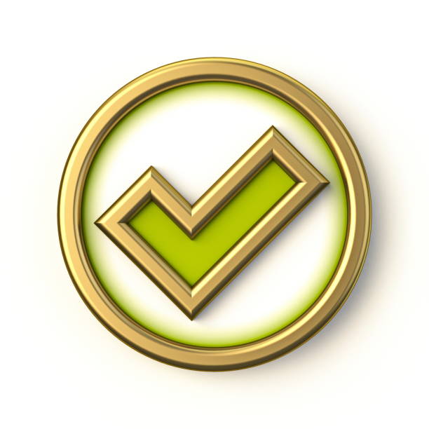 Golden green circle check mark 3D Golden green circle check mark 3D render illustration isolated on white background check mark metal three dimensional shape symbol stock pictures, royalty-free photos & images