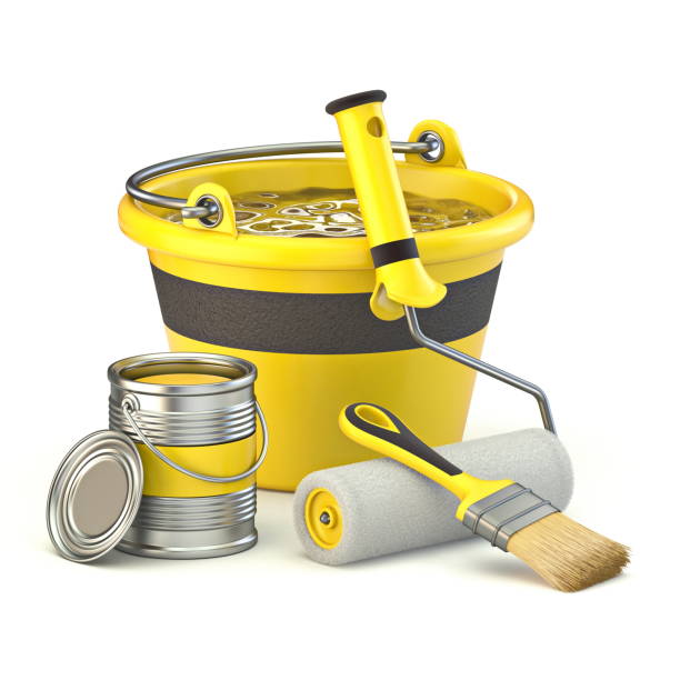 istock Yellow bucket, color can and brushes DIY concept 3D 1227047468