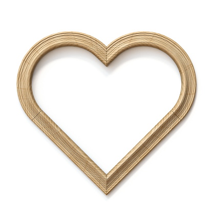 Wooden heart shaped picture frame 3D render illustration isolated on white background