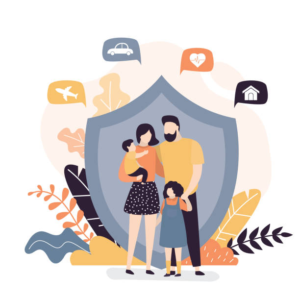 ilustrações de stock, clip art, desenhos animados e ícones de happy family and protection shield. insurance,healthcare concept banner. assurance plan, full insurance coverage background. - insurance