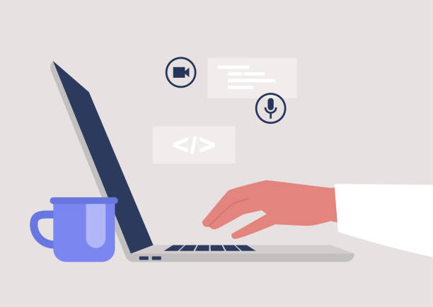 illustrations, cliparts, dessins animés et icônes de nouvelles technologies, vue de côté d’un ordinateur portable ouvert, millénaires au travail, une industrie de démarrage - taper à la machine