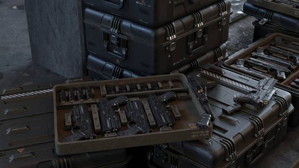 istock Boxes with modern weapons and ammunition in a military warehouse. 3D Rendering. 1227048218