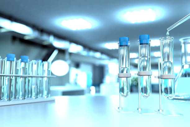 istock drink water quality test for viruses (like covid-2019) concept - laboratory test-tubes in modern biotechnology research office, medical 3D illustration 1227050627