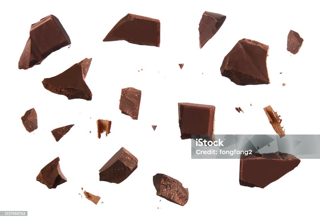 Cracked chocolate parts from top view isolated on white background Chocolate Stock Photo