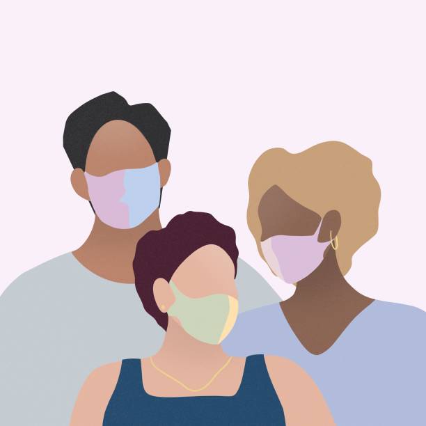 Three People Wearing Surgical Mask coronavirus, covid-19, three people, man, woman, fashionable, surgical mask, medical mask, social distance, quarantine, handle, home made surgical mask, hand made mask covid 19 positive stock illustrations