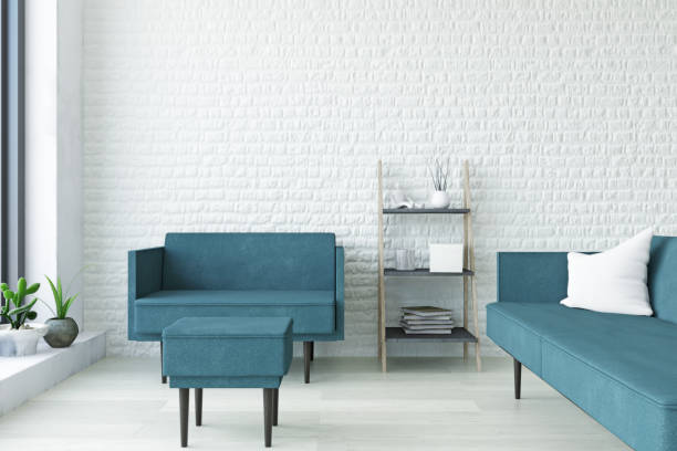istock White Interior with Turquoise Sofa, Armchair and Ladder Shelf 1227058073