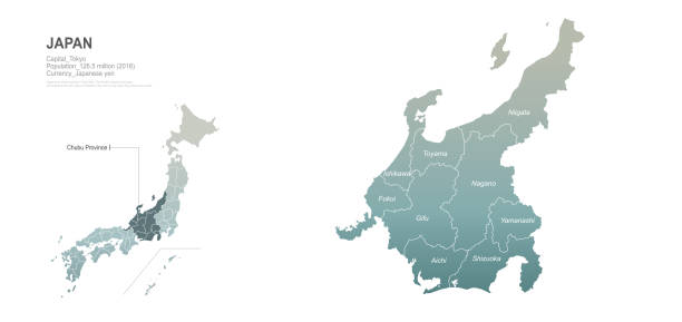 ilustraciones, imágenes clip art, dibujos animados e iconos de stock de mapa chubu. mapa de la región de japón. vector es de las provincias de japón. - chubu region