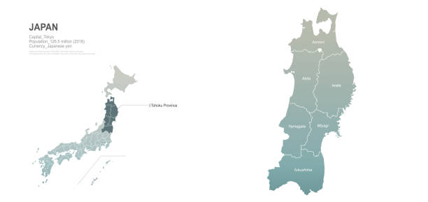 ilustraciones, imágenes clip art, dibujos animados e iconos de stock de mapa tohoku. mapa de la región de japón. vector es de las provincias de japón. - región de tohoku