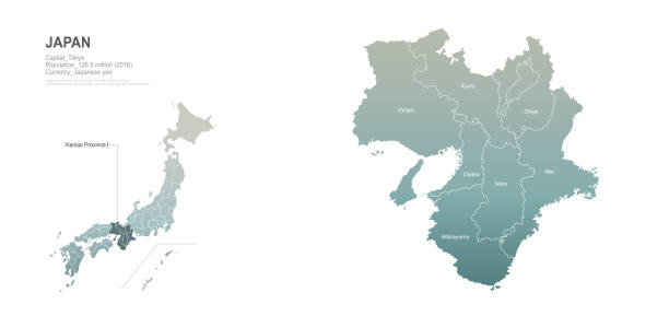 kansai map. japan region map. vector map of japan provinces. japan region map. vector map of japan provinces. japan map fukushima prefecture cartography stock illustrations