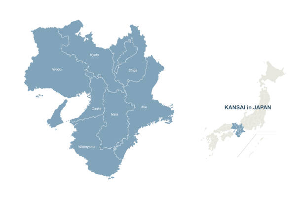 illustrazioni stock, clip art, cartoni animati e icone di tendenza di mappa kansai. mappa vettoriale della regione giapponese. - regione del kinki