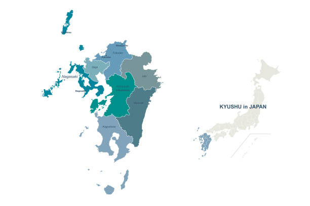 ilustraciones, imágenes clip art, dibujos animados e iconos de stock de mapa kyushu. mapa vectorial de la región de japón. - honshu