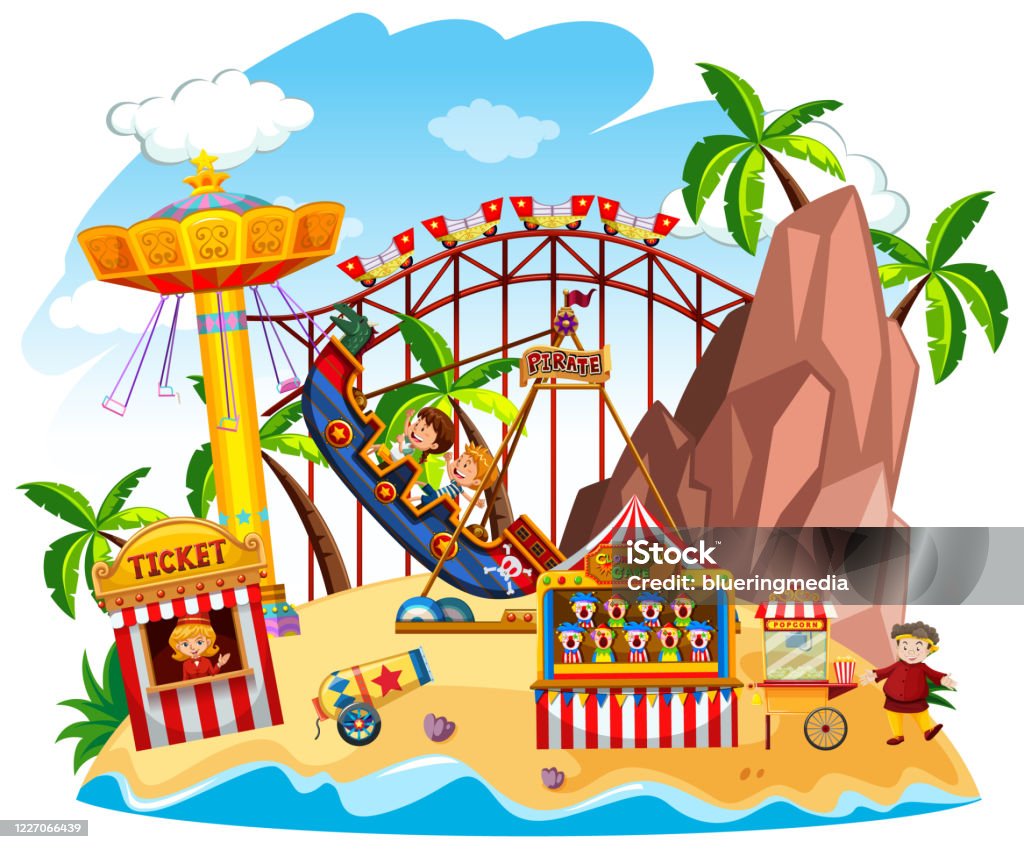 Ilustración de Escena Del Parque Temático Con Muchos Paseos En La Isla y más Vectores Libres de Derechos de Parque de atracciones - iStock Ilustración de Escena Del Parque Temático Con Muchos Paseos En La Isla y más Vectores Libres de Derechos de Parque de atracciones - iStock