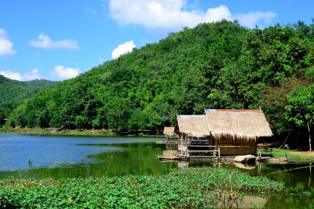 ang kep nam khao wong tem uma antiga casa tradicional no lago de khao wong, província de suphan buri, tailândia - mae hong son province - fotografias e filmes do acervo