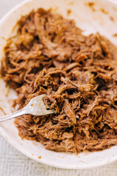 istock Barbecue Pulled Pork in a Bowl, Shredded with a Fork and Cooked with BBQ Sauce 1227068251