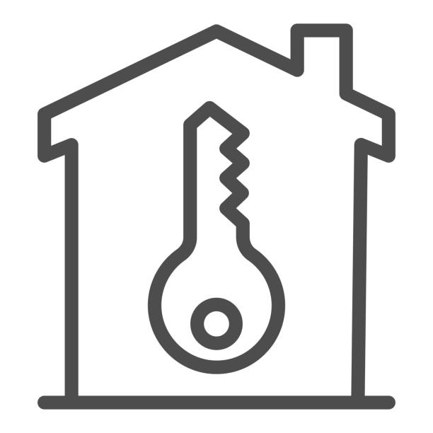 Key and building line icon, smart home concept, Home security vector sign on white background, house and key icon in outline style for mobile concept and web design. Vector graphics. Key and building line icon, smart home concept, Home security vector sign on white background, house and key icon in outline style for mobile concept and web design. Vector graphics key illustrations stock illustrations