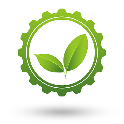 Green business or industry icon. Green leaves working in cogwheel. illustration