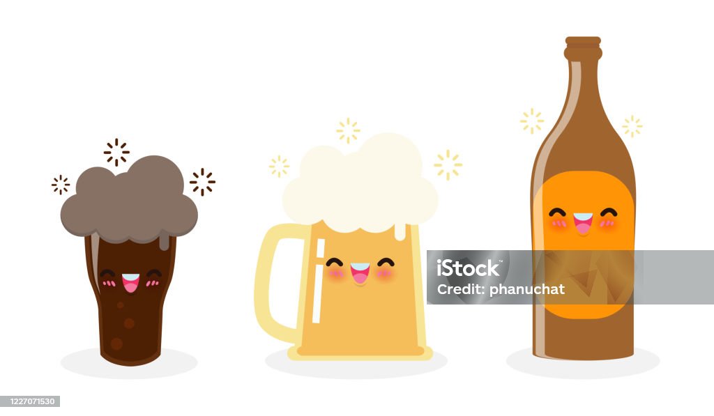Funny Mug Of Beer And Beer Bottle Dark Beer Cute Cartoon Characters Happy  International Beer Day Or Friday Party Concept Isolated On White Background  Vector Illustration In Flat Style Stock Illustration -