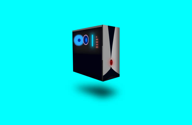 3D illustration graphic of CPU (Central Processing Unit) isolated on blue background. 3D Computer Case with half transparent body. 3D illustration graphic of CPU (Central Processing Unit) isolated on blue background. 3D Computer Case with half transparent body. computer tower stock illustrations