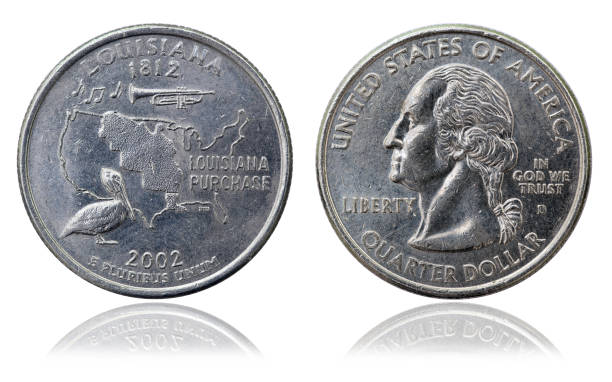 quarter dollar coin. map of louisiana. 2002 year - year 2002 imagens e fotografias de stock